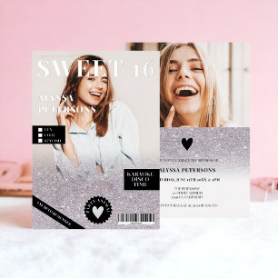 Invitación Con Relieve Metalizado Revista 2 foto lila brillo plateado Cumpleaños 16