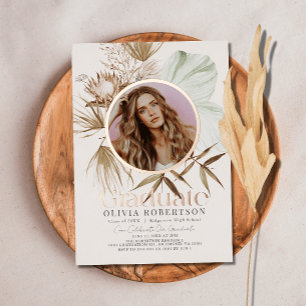 Invitación Con Relieve Metalizado Revista Botánica Boho Tierra Foton Graduación