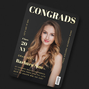 Invitación Con Relieve Metalizado Revista moderna de fiesta de graduación negra y do