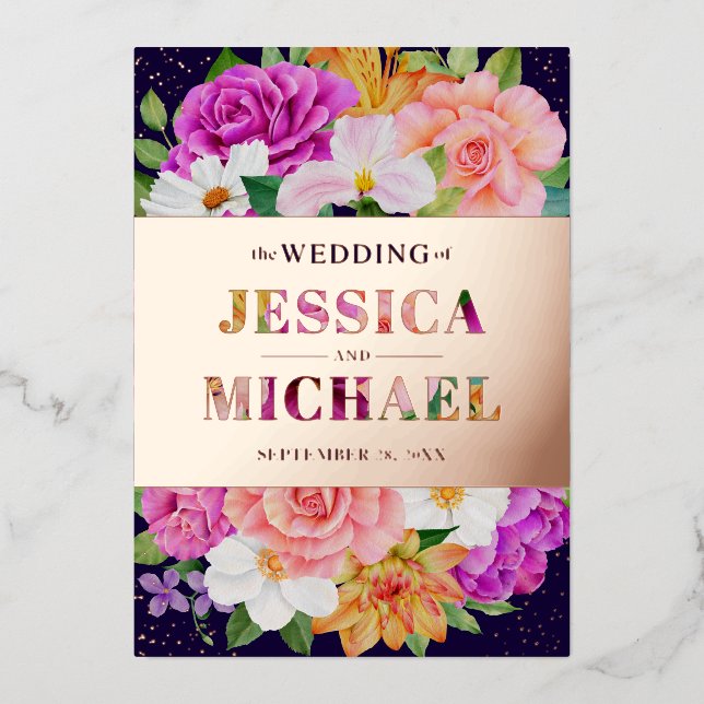Invitación Con Relieve Metalizado Rich Bouquets Purple Blue Rosa Rose Gold Boda (Anverso)