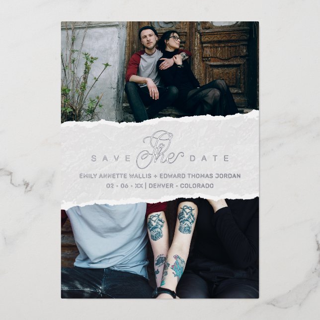 Invitación Con Relieve Metalizado Ripped Paper Effect Wedding Custom Photo Script (Anverso)
