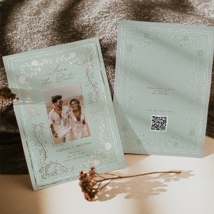 Invitación Con Relieve Metalizado Riviera Floral Foil Save the Date Menta