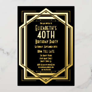 Invitación Con Relieve Metalizado Roaring 20 Art Deco Black   Oro 40 Años En