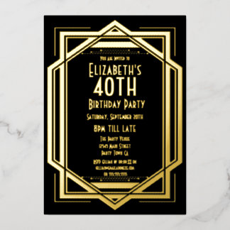 Invitación Con Relieve Metalizado Roaring 20 Art Deco Black | Oro 40 Años En
