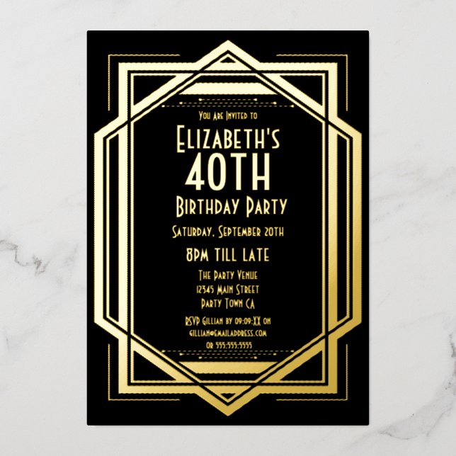 Invitación Con Relieve Metalizado Roaring 20 Art Deco Black | Oro 40 Años En (Anverso)