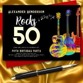Invitación Con Relieve Metalizado Rock and Roll Guitar 50 cumpleaños Oro