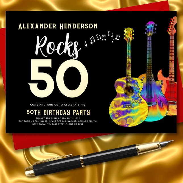 Invitación Con Relieve Metalizado Rock and Roll Guitar 50 cumpleaños Oro (Rock and roll 50th birthday invitation black and gold foil rocks 50 colorful guitar and music)