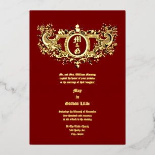 Invitación Con Relieve Metalizado Rococo barroco Cartouche Flaming Hearts & Birds