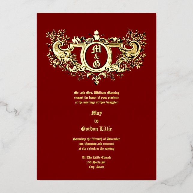 Invitación Con Relieve Metalizado Rococo barroco Cartouche Flaming Hearts & Birds (Anverso)