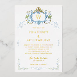 Invitación Con Relieve Metalizado Rococo Blue Monogram Crest Wedding