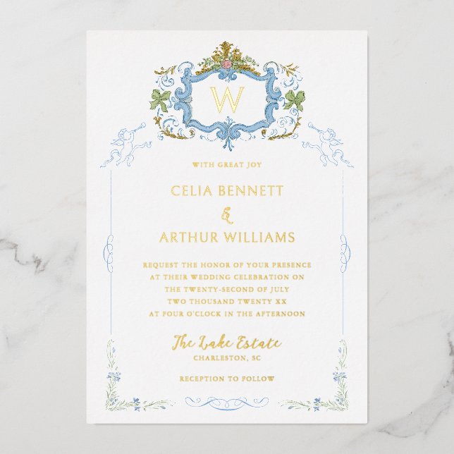 Invitación Con Relieve Metalizado Rococo Blue Monogram Crest Wedding (Anverso)