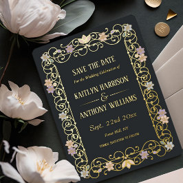 Invitación Con Relieve Metalizado Rococo Revival Elegant Vintage Save The Date