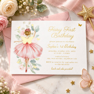 Invitación Con Relieve Metalizado Rojigualda Mariposa Rubor Hada Cumpleaños Primero