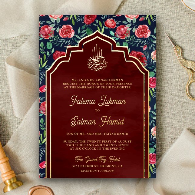 Invitación Con Relieve Metalizado Rojo azul marino Roses azul Boda floral musulmana  (Subido por el creador)