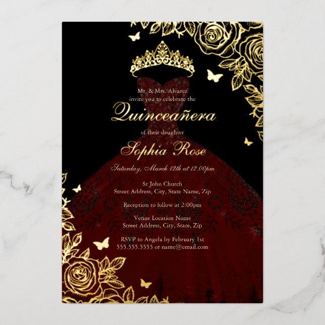 Invitación Con Relieve Metalizado Rojo Borgoña Negro Rosa Vestido Quinceanera (Anverso)