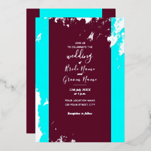 Invitación Con Relieve Metalizado Rojo Borgoña Turquesa Azul Grano Plateado Elegante