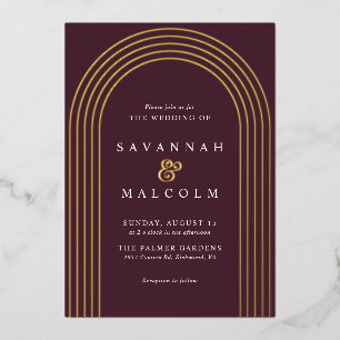 Invitación Con Relieve Metalizado Rojo Borgoña y Dorado Boda Simple y Elegante