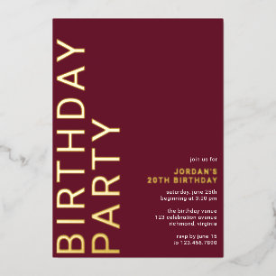 Invitación Con Relieve Metalizado Rojo Borgoña y Dorado Cumpleaños Marrón Moderno