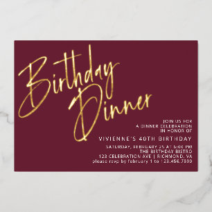 Invitación Con Relieve Metalizado Rojo Borgoña y Elegante Cena de Cumpleaños de Colo
