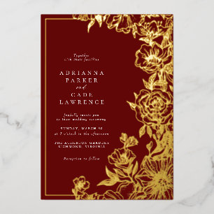 Invitación Con Relieve Metalizado Rojo Borgoña y Floral Dorado Boda Elegante