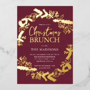 Invitación Con Relieve Metalizado Rojo Brunch Botánico de Navidad de Bayas
