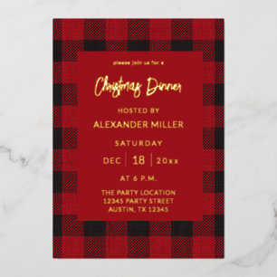 Invitación Con Relieve Metalizado Rojo Buffalo Plaid Franela Fiesta Navideña