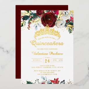 Invitación Con Relieve Metalizado Rojo de Navidad Dorado Follaje Festivo Quinceañera