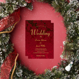 Invitación Con Relieve Metalizado Rojo de Navidad Dorado Papel de Estaño Floral Mode