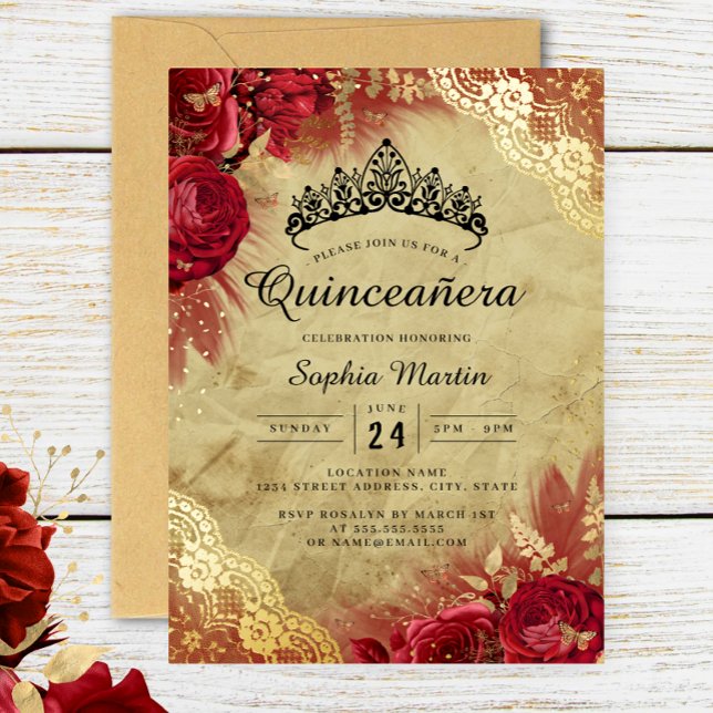 Invitación Con Relieve Metalizado Rojo Dorado Floral Lace Quinceanera (Subido por el creador)