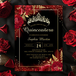 Invitación Con Relieve Metalizado Rojo Dorado Mariposa Negra Floral Quinceañera