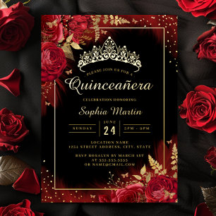 Invitación Con Relieve Metalizado Rojo Dorado Mariposa Negra Floral Quinceañera