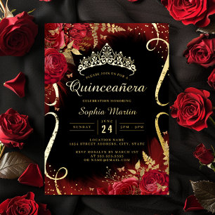 Invitación Con Relieve Metalizado Rojo Dorado Negro Floral Scroll Quinceañera