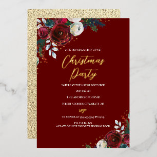 Invitación Con Relieve Metalizado Rojo Festivo Oro Follaje Fiesta de Navidad
