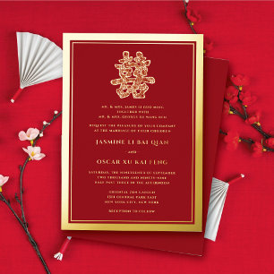 Invitación Con Relieve Metalizado Rojo Floral Doble Felicidad Boda Moderna China