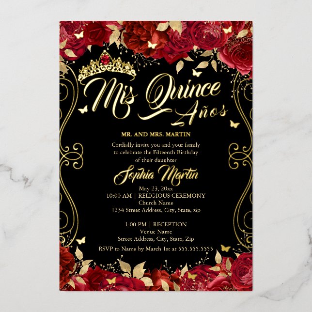 Invitación Con Relieve Metalizado Rojo Floral Jardín Desplazar Mis Quince Quinceaner (Anverso)