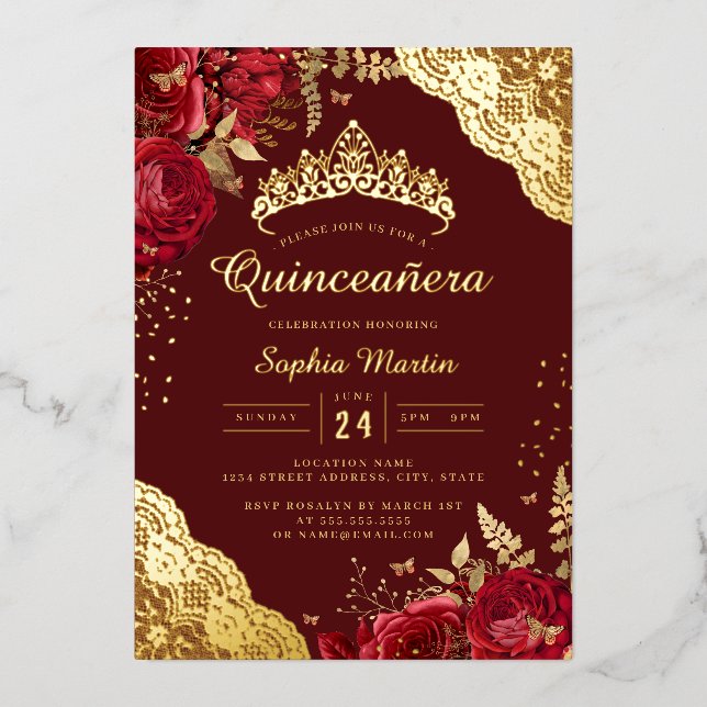Invitación Con Relieve Metalizado Rojo Floral Lace Quinceanera (Anverso)