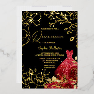 Invitación Con Relieve Metalizado Rojo Floral & Vestido Negro Quinceañera Hojas Dora