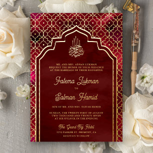 Invitación Con Relieve Metalizado Rojo Granate Arco Musulmán Marroquí Boda Dorado