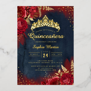 Invitación Con Relieve Metalizado Rojo Navy Floral Quinceañera