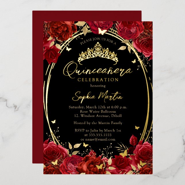 Invitación Con Relieve Metalizado Rojo Negro Cautivador Floral Mariposa Quinceañera (Anverso/Reverso)