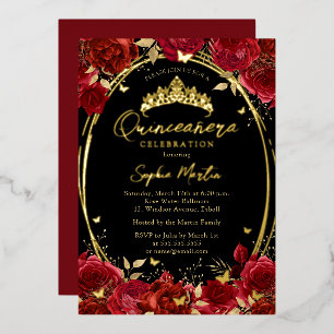 Invitación Con Relieve Metalizado Rojo Negro Cautivador Mariposa Floral Quinceañera