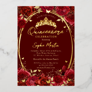 Invitación Con Relieve Metalizado Rojo Oro Cautivador Floral Mariposa Quinceañera
