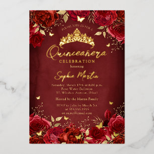 Invitación Con Relieve Metalizado Rojo Oro Encantador Mariposa Floral Quinceañera