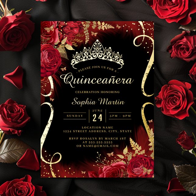 Invitación Con Relieve Metalizado Rojo Oro Negro Floral Scroll Quinceanera (Subido por el creador)
