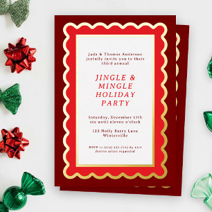 Invitación Con Relieve Metalizado Rojo Preppy y Blanco Simple Escalonado de Navidad