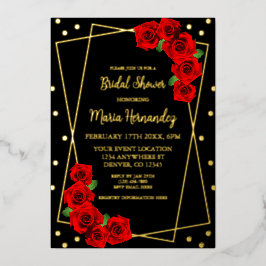 Invitación Con Relieve Metalizado Rojo Rosa Negro y ducha de novias dorada