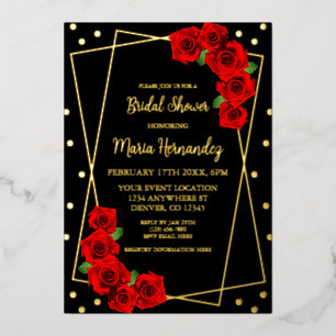 Invitación Con Relieve Metalizado Rojo Rosa Negro y ducha de novias dorada
