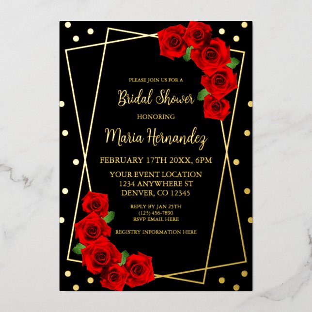 Invitación Con Relieve Metalizado Rojo Rosa Negro y ducha de novias dorada (Anverso)