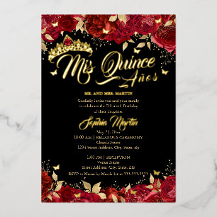 Invitación Con Relieve Metalizado Rojo Rubí Oro Rosa Negra Mis Quince Quinceañera