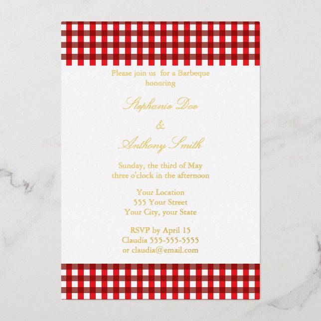 Invitación Con Relieve Metalizado Rojo y blanco Gingham Pattern Barbeque Boda (Anverso)